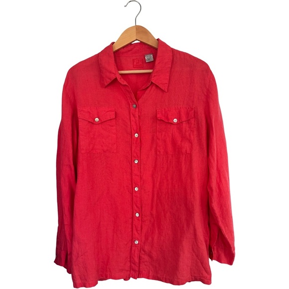 Lino by Chico’s 100% Linen Button Down Coral Shirt Top Sz 1- Medium - Picture 1 of 4